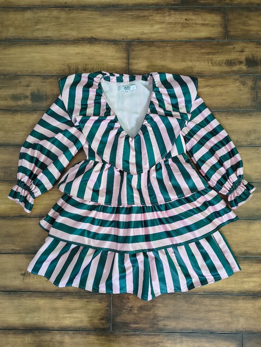 Crosby by Mollie Burch Green Pink Stripe Tiered Ruffle Dress XS